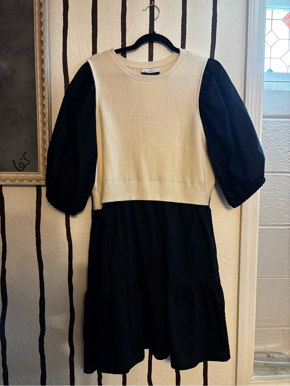 Eloquii Two-Tone Cream Knit Bodice with Black Puff Sleeve Midi Dress